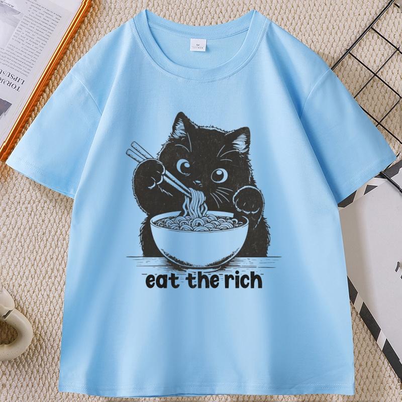 Eat The Rich T-Shirt Lustige Katze RaUnisex T-Shirt Unisex Damen Lässiges Kurzarm-T-Shirt Weiche Fitness Sommerkleidung Streetwear