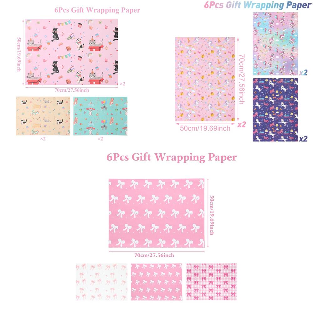 6Pcs Pink Bow 50x70cm Per Sheets  Bow Theme Wrapping Paper Sheet Packaging For Kids Birthday Gift Wrap Craft Paper Decor Gifts