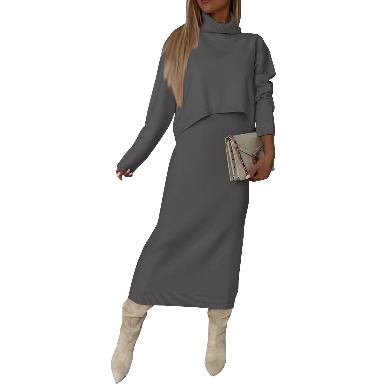 

Женская мода повседневная однотонная водолазка трикотажная юбка с запахом бедра комплект из двух предметов M