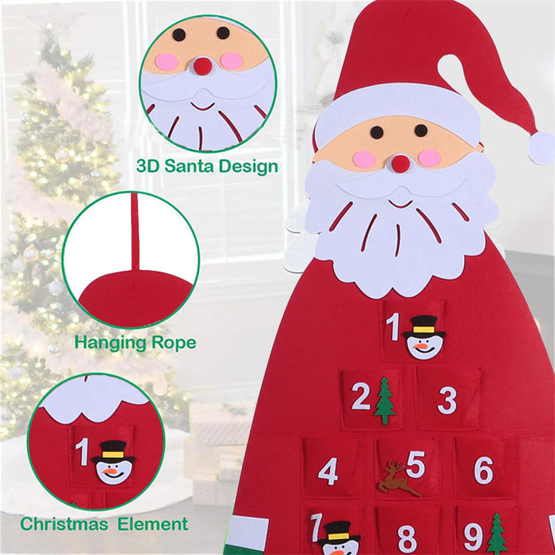 3D Santa Felt Advent Calendar Pendant with Pockets 24 Days Hanging Christmas Countdown Calendar for Indoor Home Door Wall Decor