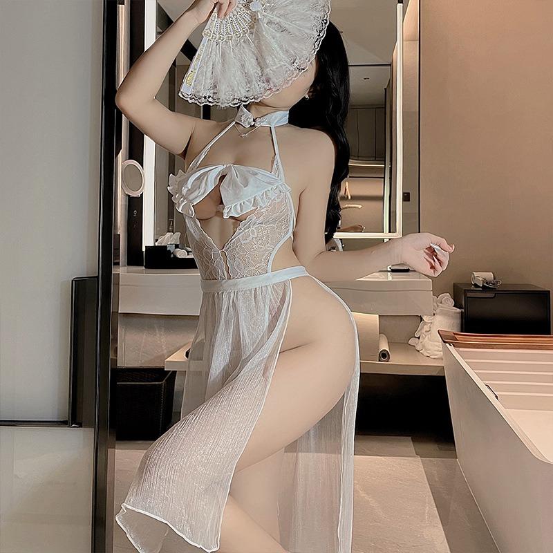 New Pure Desire Erotic Underwear Neck Sexy Perspective Small Chest One-piece Hollow Gauze Skirt Battle Robe Women's Two-piece Set
