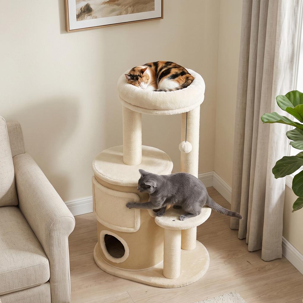 Cat Tree with 2-Story Scratching Barrel Cat Tree with Sisal Scratching Posts, Platform Sisal Board Play Ball, for Cats 5kg