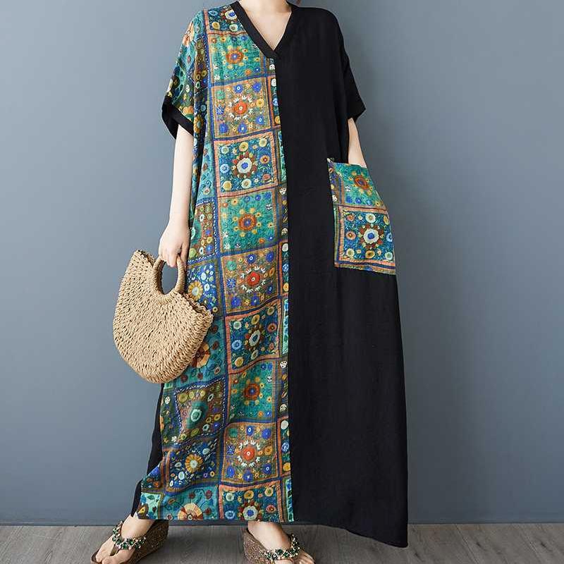 Women's Patchwork Black Long Dress Retro Robe