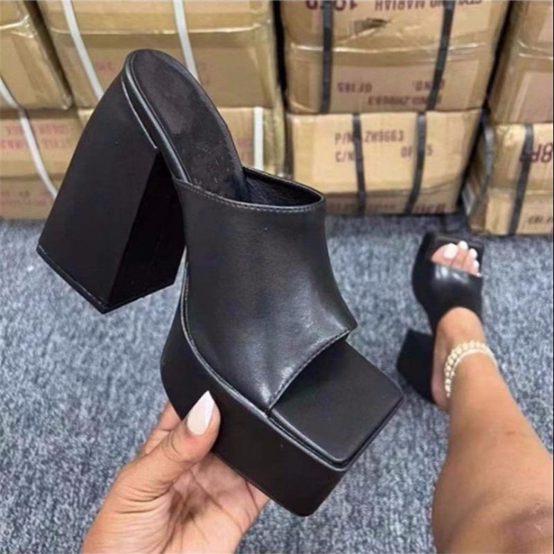 Fashion 2024 Printing Thick High Heel Sandals Womens Slipper Summer Sexy Peep Toe Street Party Square Toe Platform Sandal