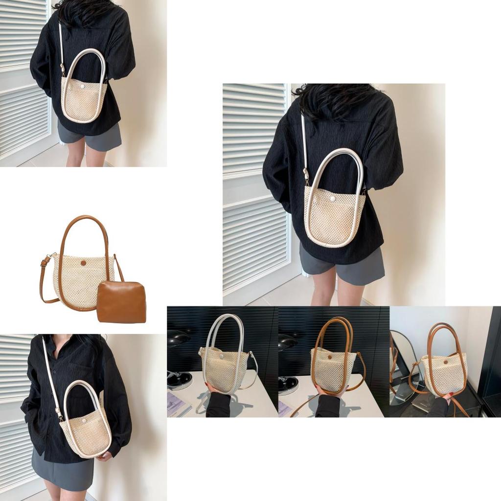 Trendy Summer Korean Style Woven Bag In Beige And Brown For Casual Outings