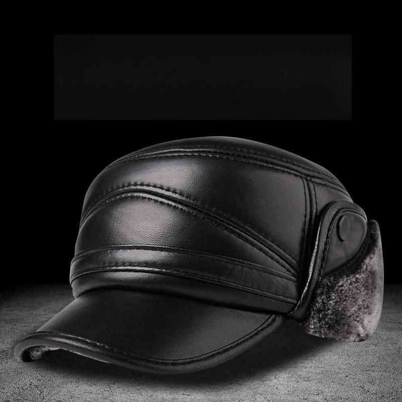Winter Men's Leather Hat Thicken Leather Sheepskin Baseball Caps With Ears Warm Snapback Dad's Hats Sombrero De Cuero Del Hombre