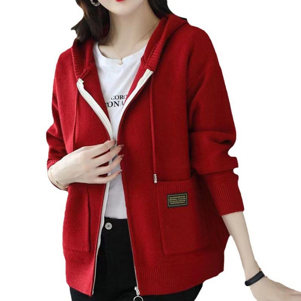 Spring and Autumn Hooded Knitted Top, Casual and Fashionable, External Zipper Sweater, Cardigan Jacket, Women's