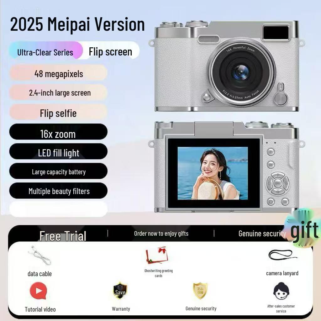 Retro Mirrorless Digital Camera with Folding Selfie Screen, 16x Zoom, and Portable Recording.