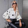 Ladies Autumn Winter Puff Sleeves Lapel Half Sleeve Printed Shirt Top