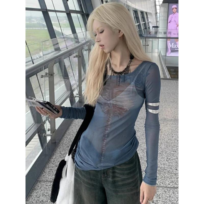 Vintage tisk Streetwear trička Průhledný výstřih Slim Fit Fairy Grunge Tops Gáza Y2k Estetické tričko Harajuku ženy