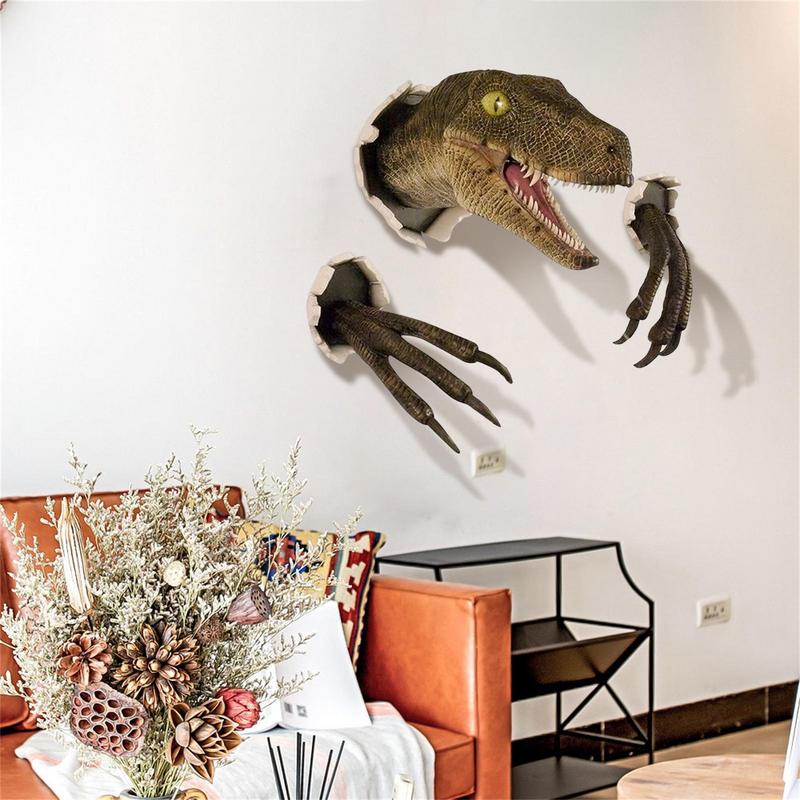 Dinosaur Wall Mounted Sculpture 3D Wall Bursting Hanging Dinosaur Head Resin Dinosaur Head With Claws Home Decor
