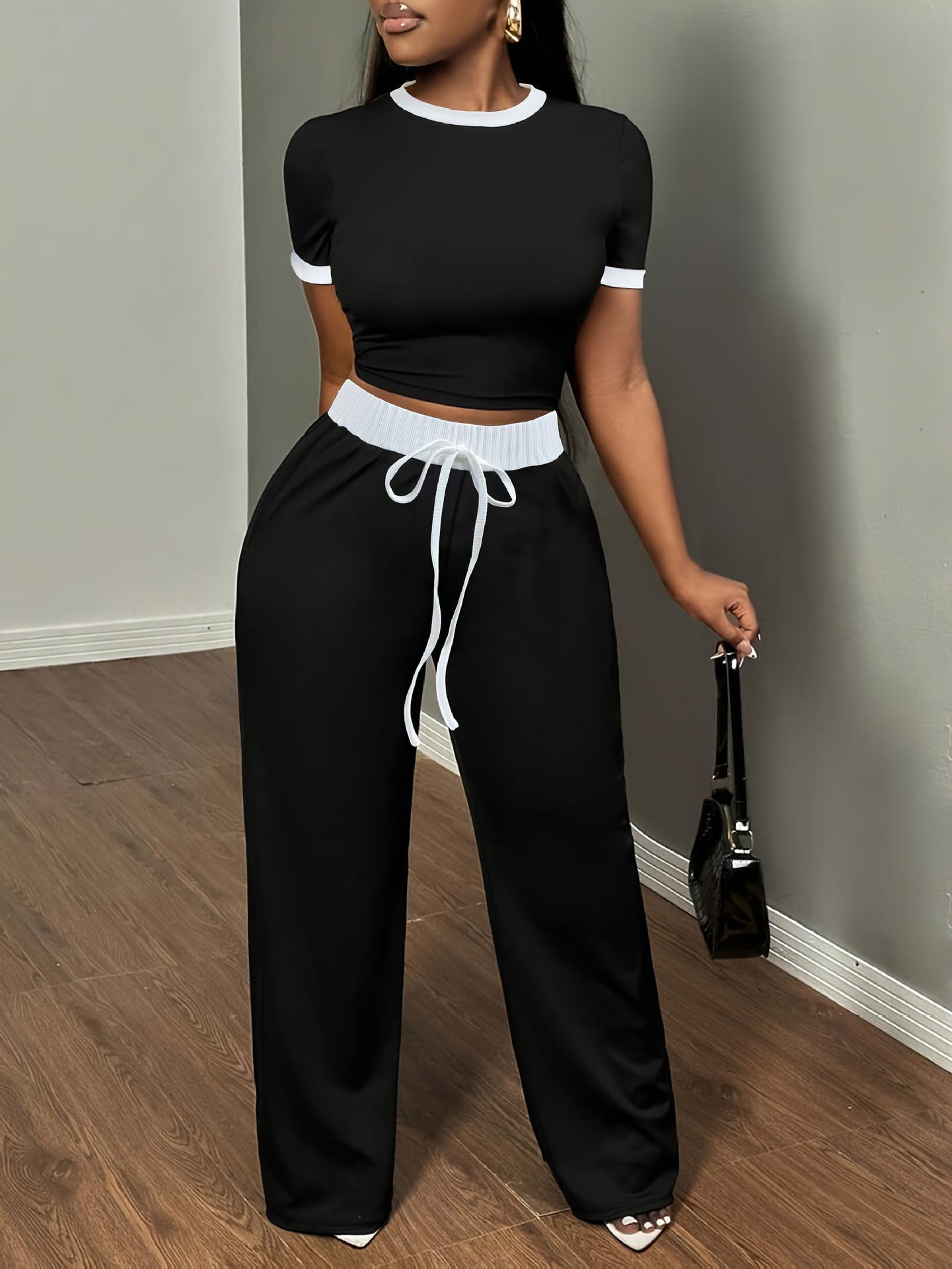 

Chic Cross-Border Women s Spring/Summer High-Waisted Short-Sleeved Long Pants Homewear Set Small чёрный