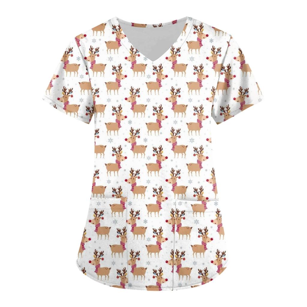 Women's Fashion V-neck Short Sleeve Workwear With Pockets Christmas Printed Tops