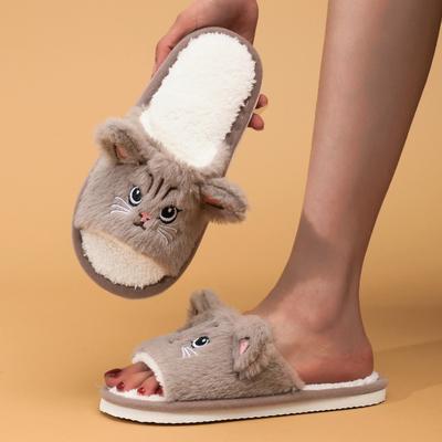 Lady's Cartoon Small Cat Plush Slippers for Both Indoor and Outdoor Use In Autumn and Winter, Cozy Cotton Slippers for Home Use