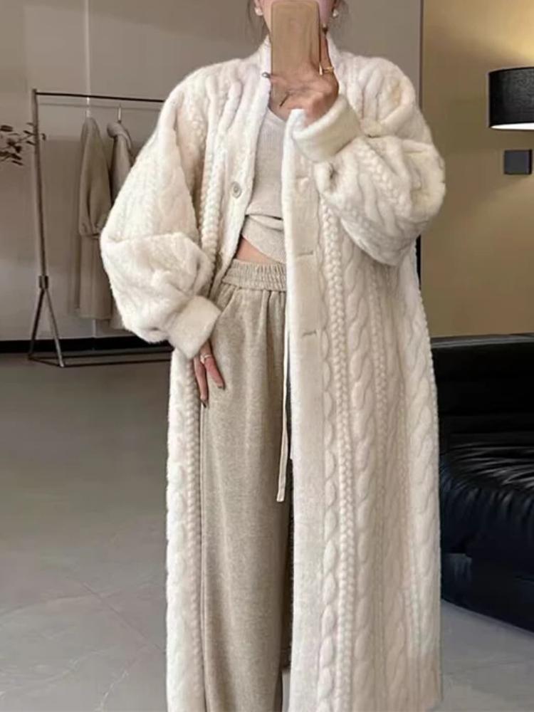 

Утолщенный трикотажный свободный пиджак женский с длинным рукавом однобортный модный женский кардиган зимний теплый длинный кардиган шикарная женская верхняя одежда M бежевый