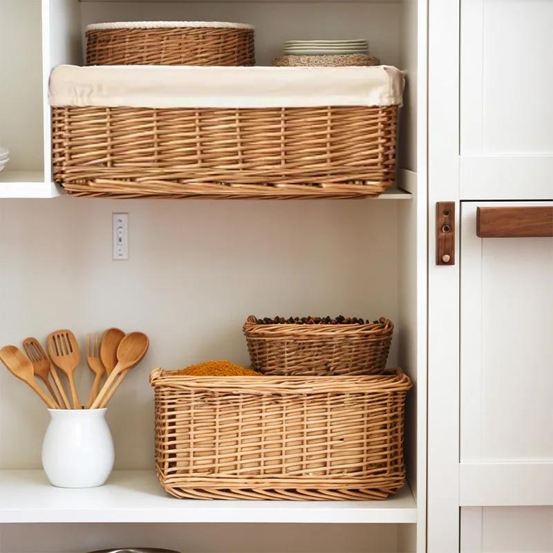 Large Wicker Bread Basket with Linen Liner Handmade Rattan Bread Serving & Storage Basket Snack Sundries Cosmetic Storage Case