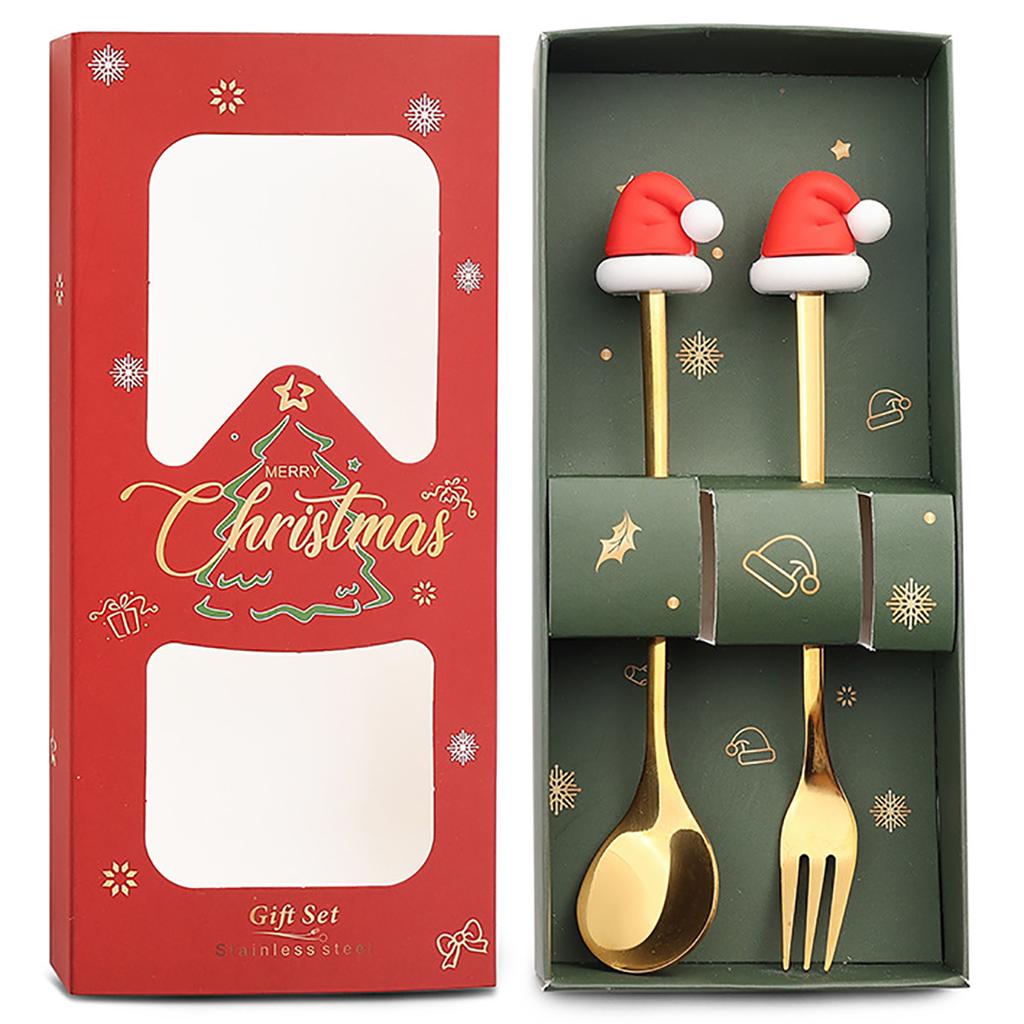 2Pcs Christmas Theme Dinnerware Set with Gift Box Elk Deer Christmas Hat Tree Fork Spoon Cutlery Set Stainless Steel Tableware