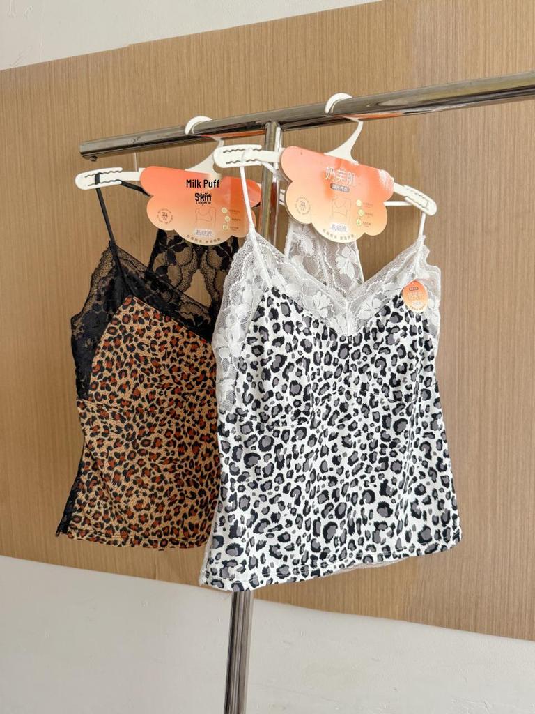 Leopard Print Lace Patchwork Spaghetti Strap Halter Top with Built-in Bra