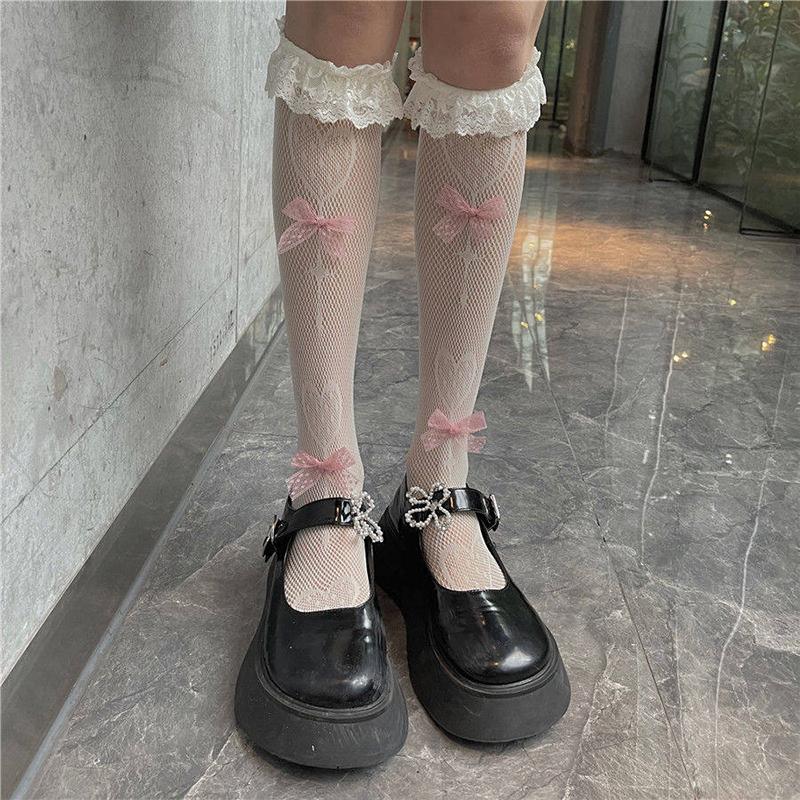Sweet Lolita Lace Trim Calf Socks Womens Bow Tie Student JK Fishnet 1 Pair Great for School Uniforms and Events