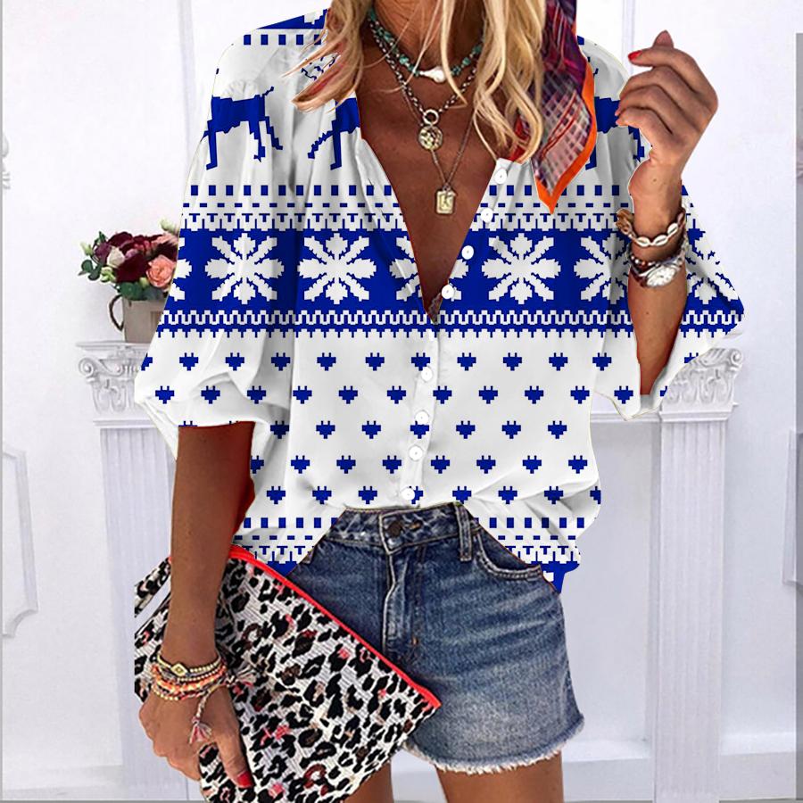 

2023 Summer Autumn New Fashion Women s Tops Yellow Snowflakes Printed Half Sleeve Casual Plus Size Button-down Shirt with Bubble Sleeves