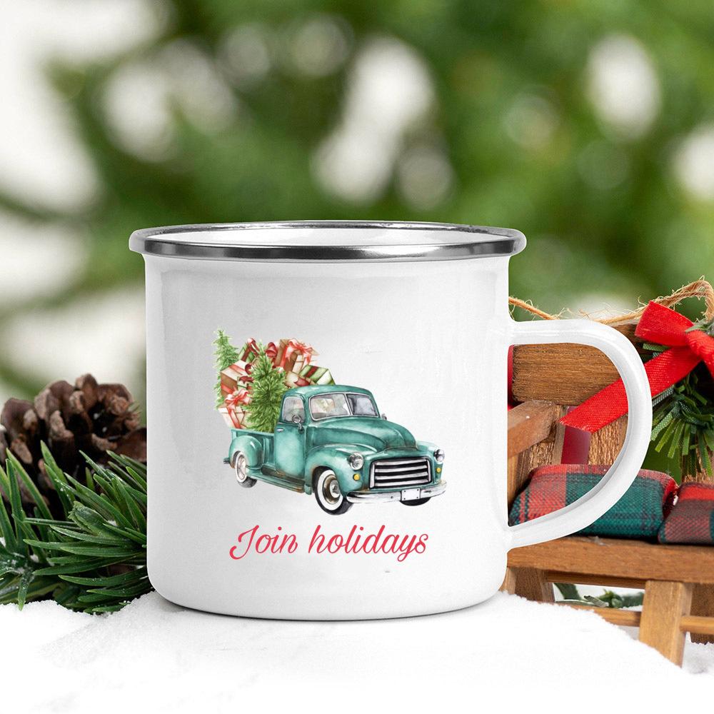 Christmas Tree Deer Truck Print Enamel Mugs Coffee Cups Christmas Party Dessert Hot Cocoa Chocolate Cup Gifts for Friends Family