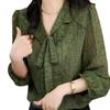 Elegant Plus Size Green Floral Chiffon Bow Top for Women