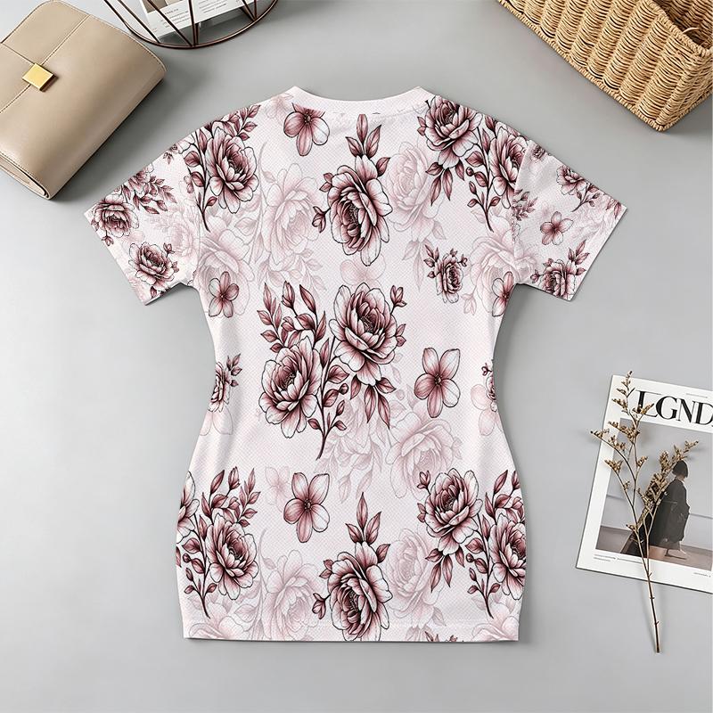 Women's Slim Fit Short Sleeve V-Neck Dress – Soft Floral Print, Casual Wear for Beach Vacation & Daily Commute