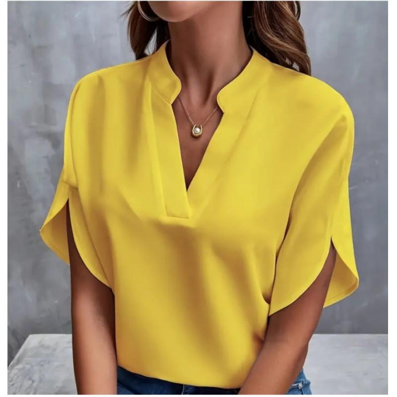 Damen Sommer V-Ausschnitt Elegantes Hemd Einfarbig Locker Kurzarm Freizeit-Top