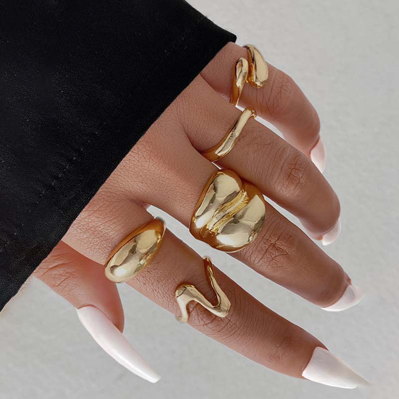 10Pcs/Set Fashion Metal Lava Lines Star Rings Set For Women Exaggerated Gold Color Geometric Smooth Chunky Ring Jewelry