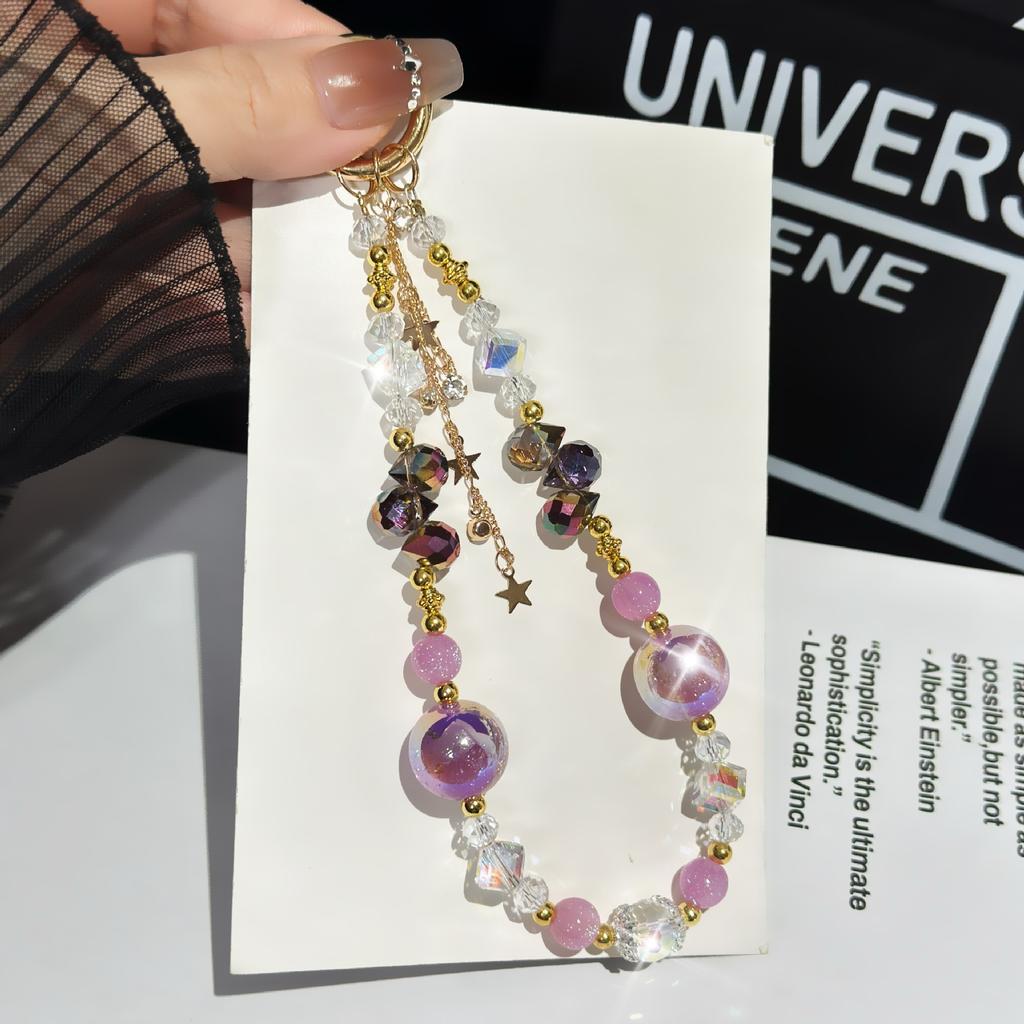 For Light Luxury Crystal Mobile Phone Chain Beaded Short Wrist Chain Fashion Butterfly Pendant Gold Leaf Hand-Made Lanyard