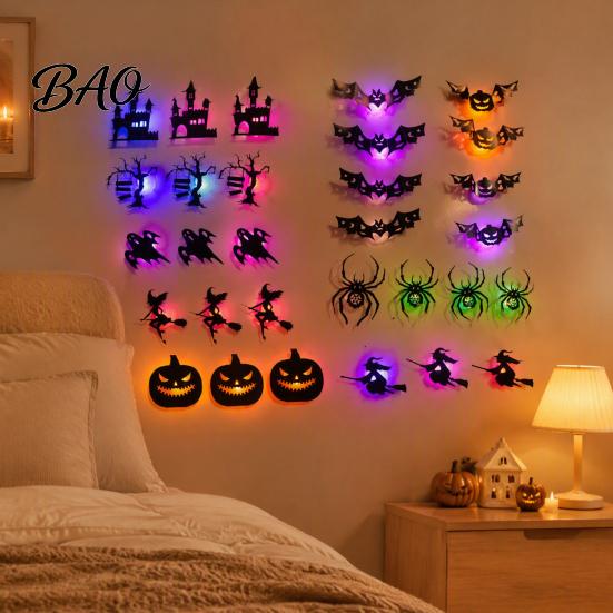 Haunted House Theme Decor 30Pcs Halloween Wall with LED Light, Glowing Bat Ghost itch Festive Decals Spider Silhouette Decoration, Spooky Light-Up