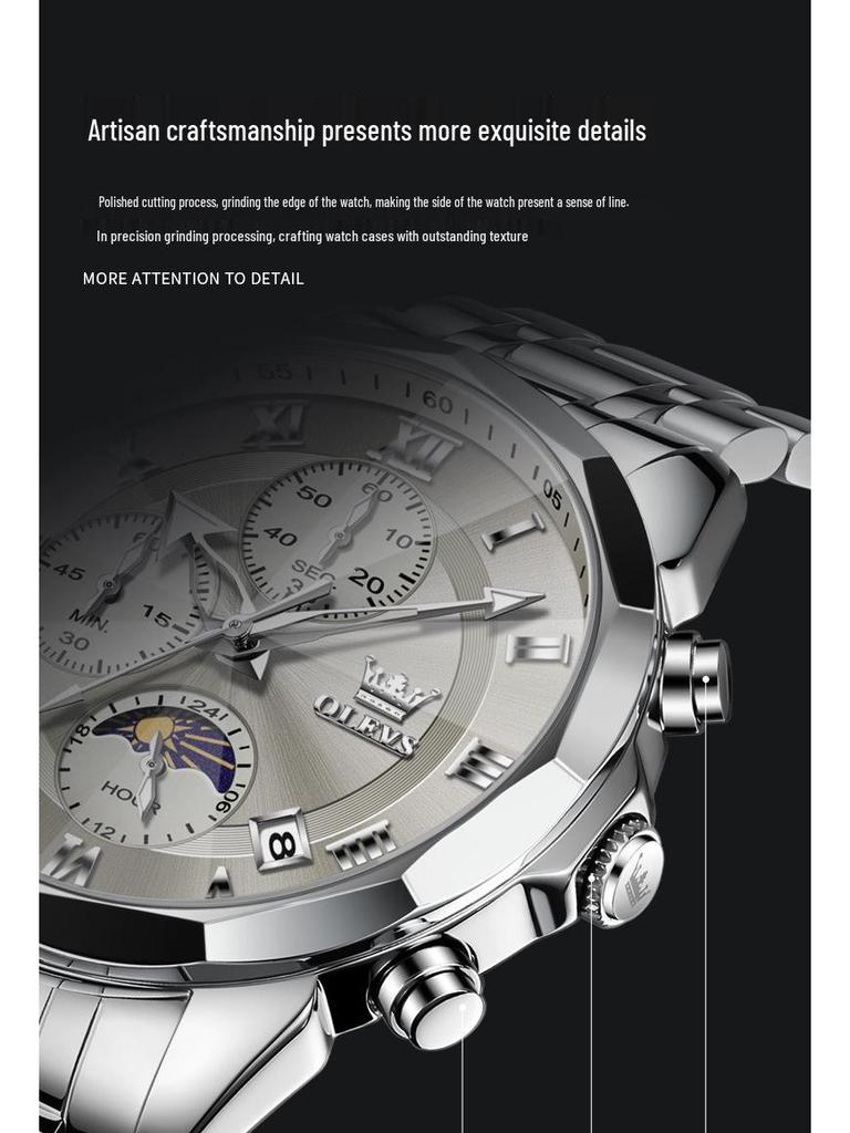 Oulishi Herren Multifunktions-Chronograph mit massivem Stahlarmband und Faltschließe