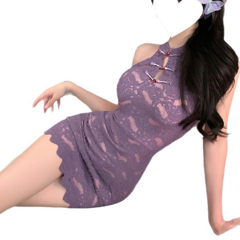 Domila Sexy New Chinese Buckle Lace Stand-up Collar Cheongsam Pure Desire Hot Girl Purple Neck Sex Underwear Women