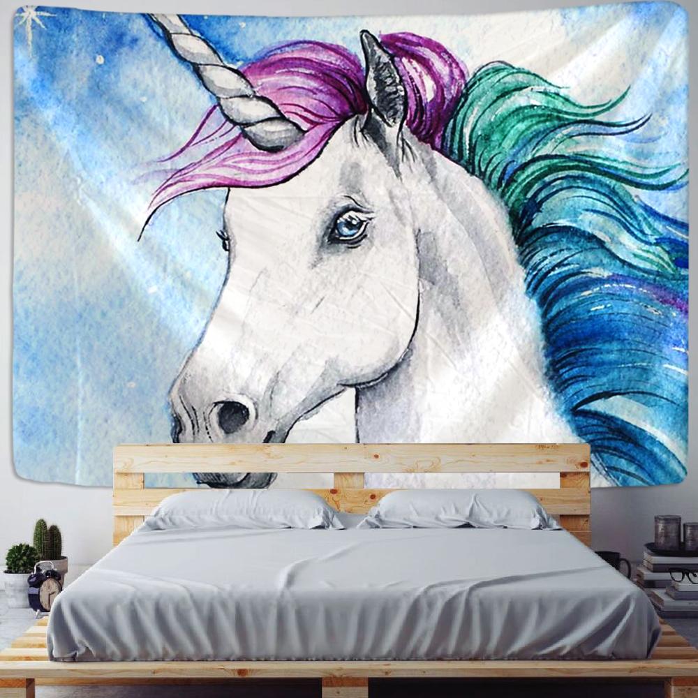 Fantasy Colourful Horse Tapestry,Golden Unicorn Wall Hanging,Bohemian Modern Hippie Psychedelic Background Cloth Beach Yoga Mat