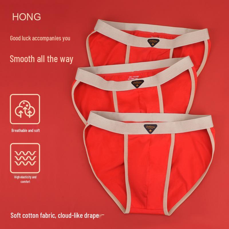 2025 Men's Big Red Triangle Pure Cotton Underwear - Antibacterial, Breathable, Sexy Gift for Benming Year or Wedding