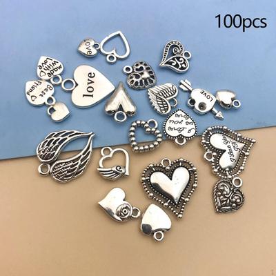100Pcs Valentine's Day Heart Pendants Vintage Charms Jewelry Making Love for Birthday
