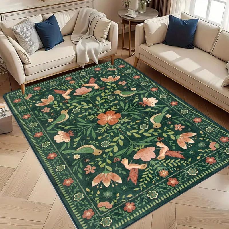 Bohemian Botanical Floral Bird Area Rug Non-Slip Floor Mat for Living Room Bedroom Green Cottagecore Home Decor