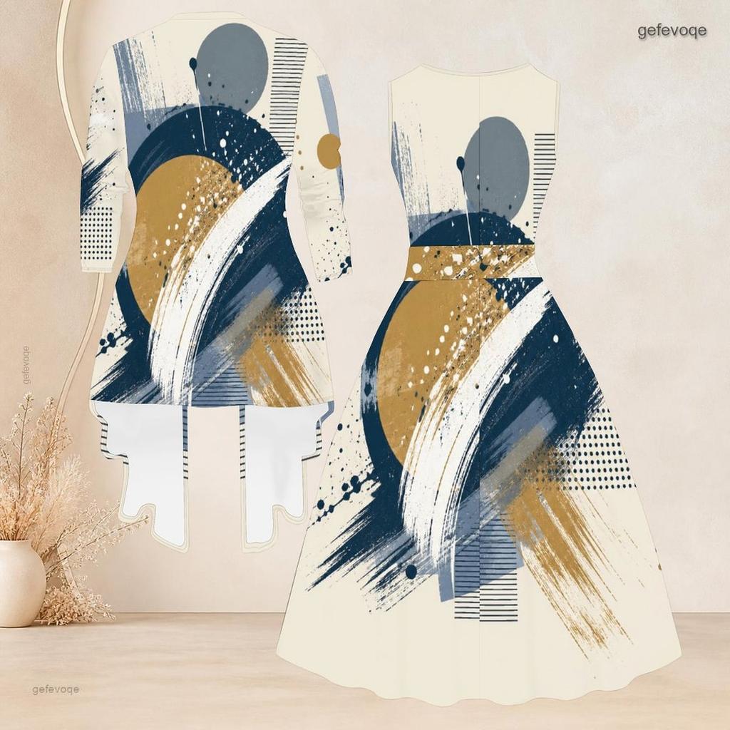 Damski dwuczęściowy zestaw Plus Size z nadrukiem abstrakcyjnej twarzy, kardigan 3/4 z otwartym przodem, bez rękawów, sukienka rozkloszowana z wiązaniem w talii