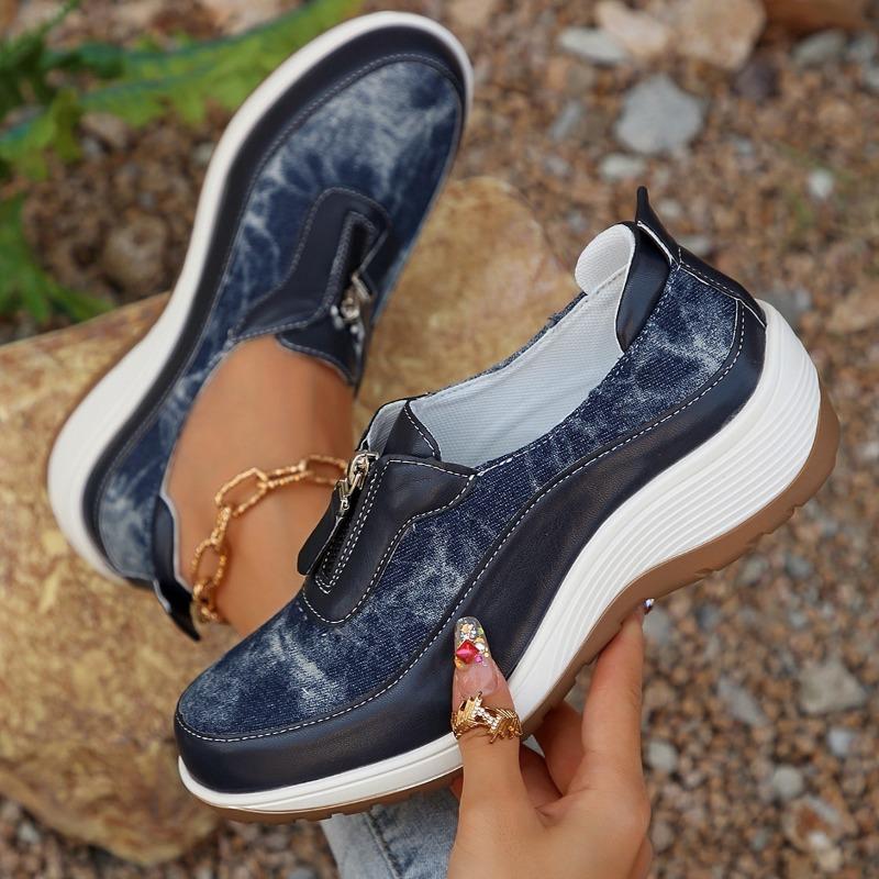 Spring and autumn new large size flat-soled single shoes platform-soled wedge heel casual shoes women's front zipper sneakers women's