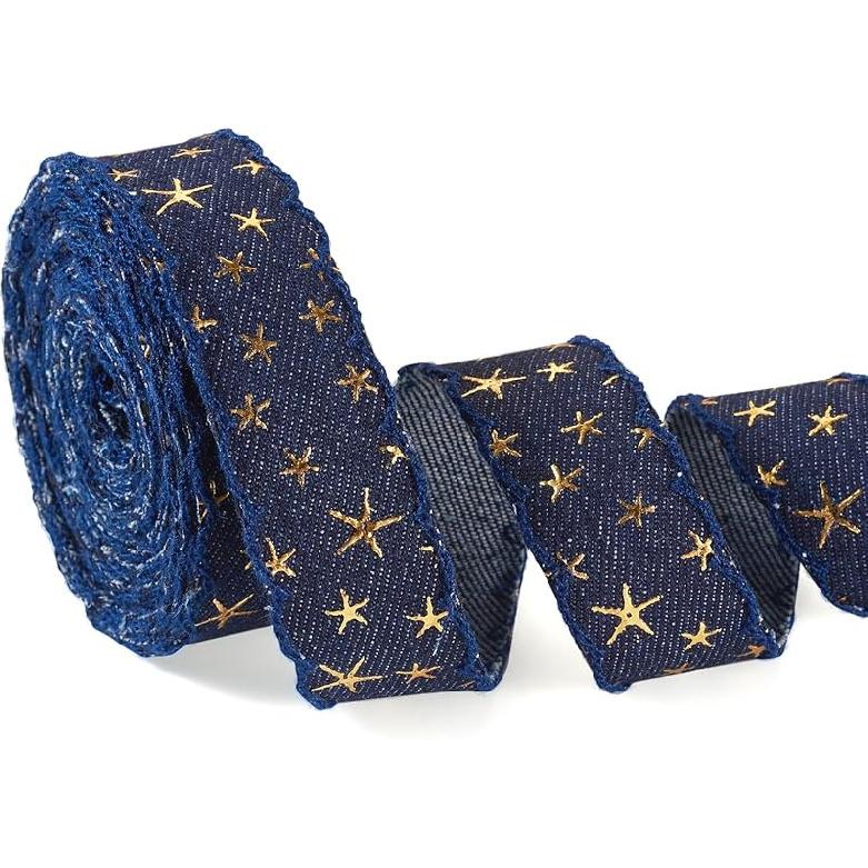 5 Yards Marine Blue Gold Foil Star Denim Ribbon for Clothes Accessories,3D Star Gold Stamping Jean Cloth Fabric Ribbon, 1 Inch Denim Cloth Ribbon for