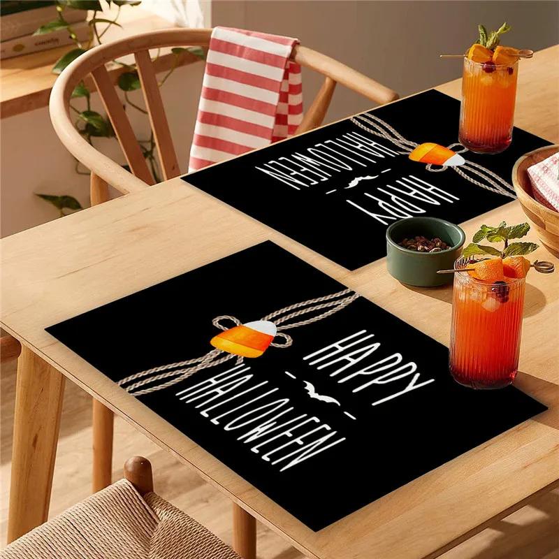 6PC Halloween Pumpkin Black Cat Placemats Festival Kitchen  Linen Dinning Table Mats Bowl Coffee Cup Pads Mats Home Decor