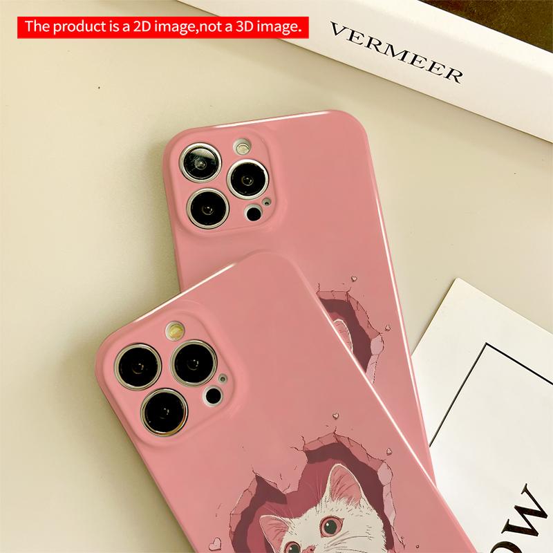 2DFlat White Cat Peeking Through Pink Heart Hole All inclusive film hard iPhone case, compatible with iPhone 18 Pro Max 17 16 15 14 13 12 11