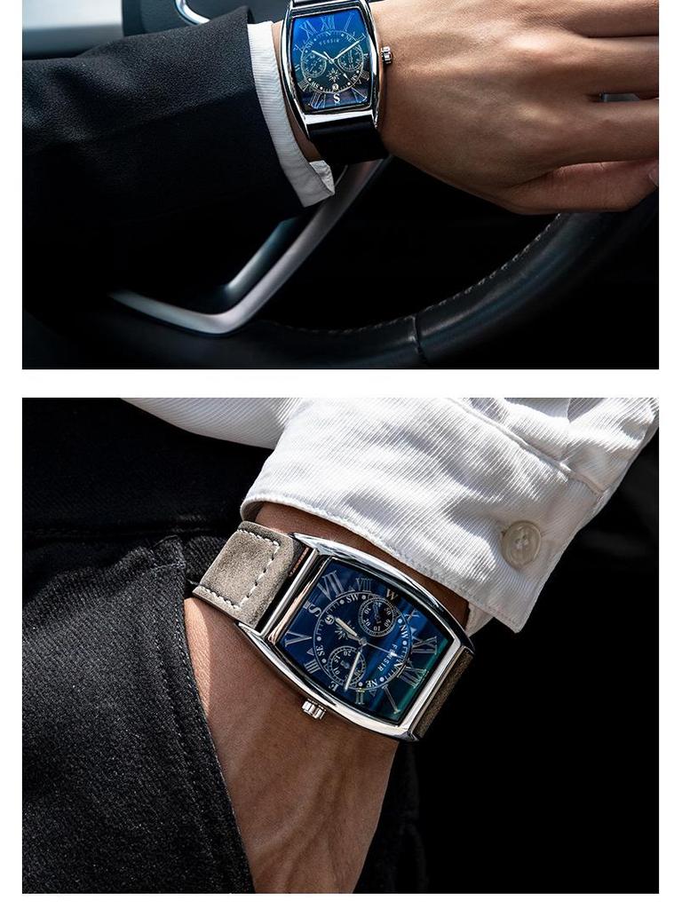 Finish Big Barrel Men's Watch: European & American Style, Leather Strap, Waterproof, Calendar, Casual Office Wear.