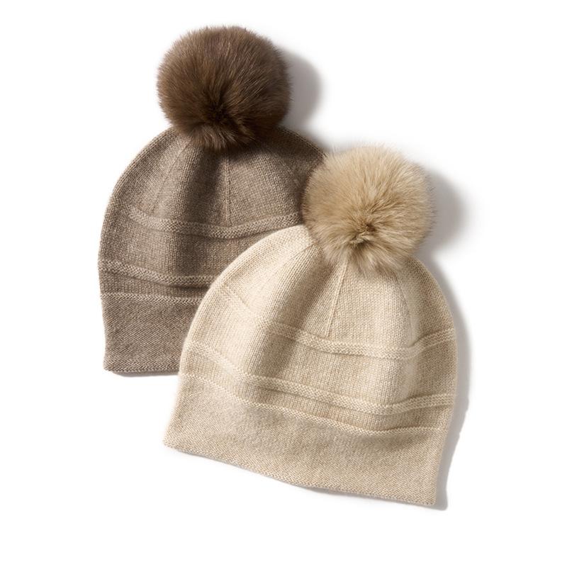 Cashmere Autumn and Winter New Women's High End Solid Color Horizontal Stripe Fur Ball Warm Fashion Knitted Casual Hat