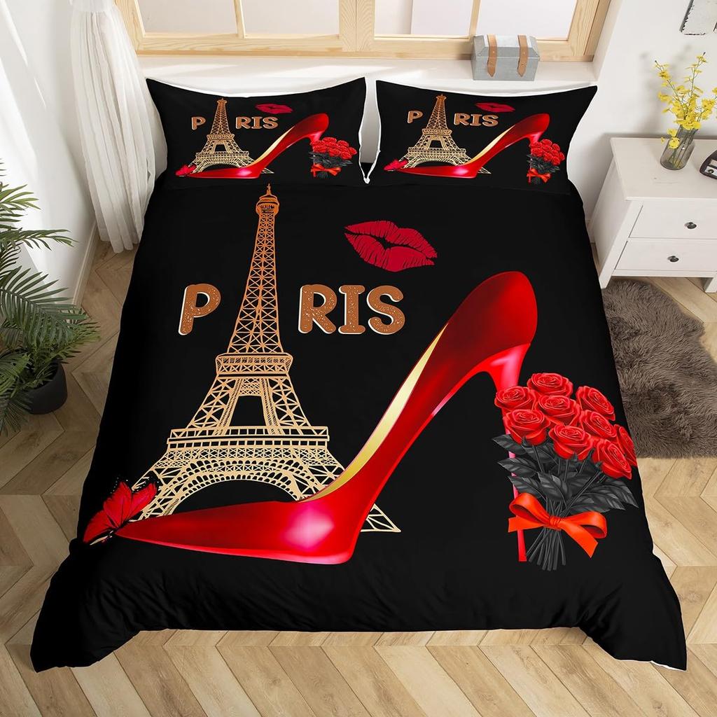 Valentine's Day Duvet Cover Queen Full Red Rose Romantic Flower Duvet Cover Heart Shaped Print Floral Black Soft Comforter Cover