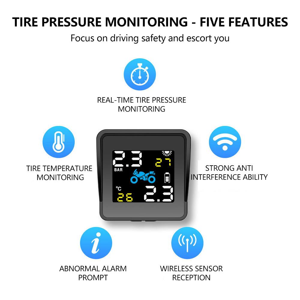 Tire Pressure Sensors Solar Charging LCD Motorcycle TPMS Tire Pressure Monitoring System Waterproof with 2 External Sensors
