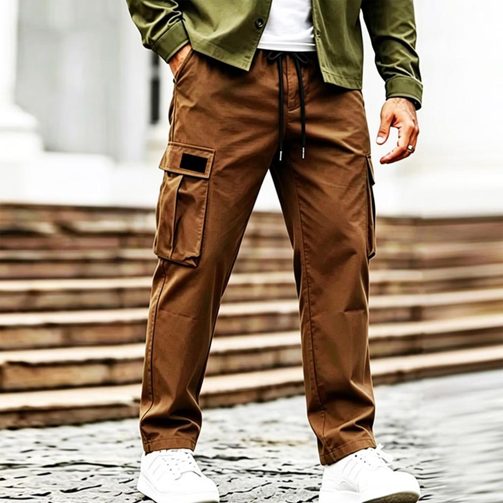 Men Drawstring Waist Cargo Pants with Multiple Pockets Relaxed Fit Trousers for Daily Casual Outdoor Activities