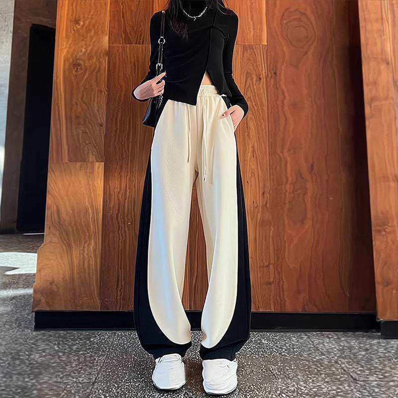 Autumn-Winter American-Style Plus-Fleece Wide-Leg Joggers for Women Color-Block Banana Long Pants In Casual Loose Fit