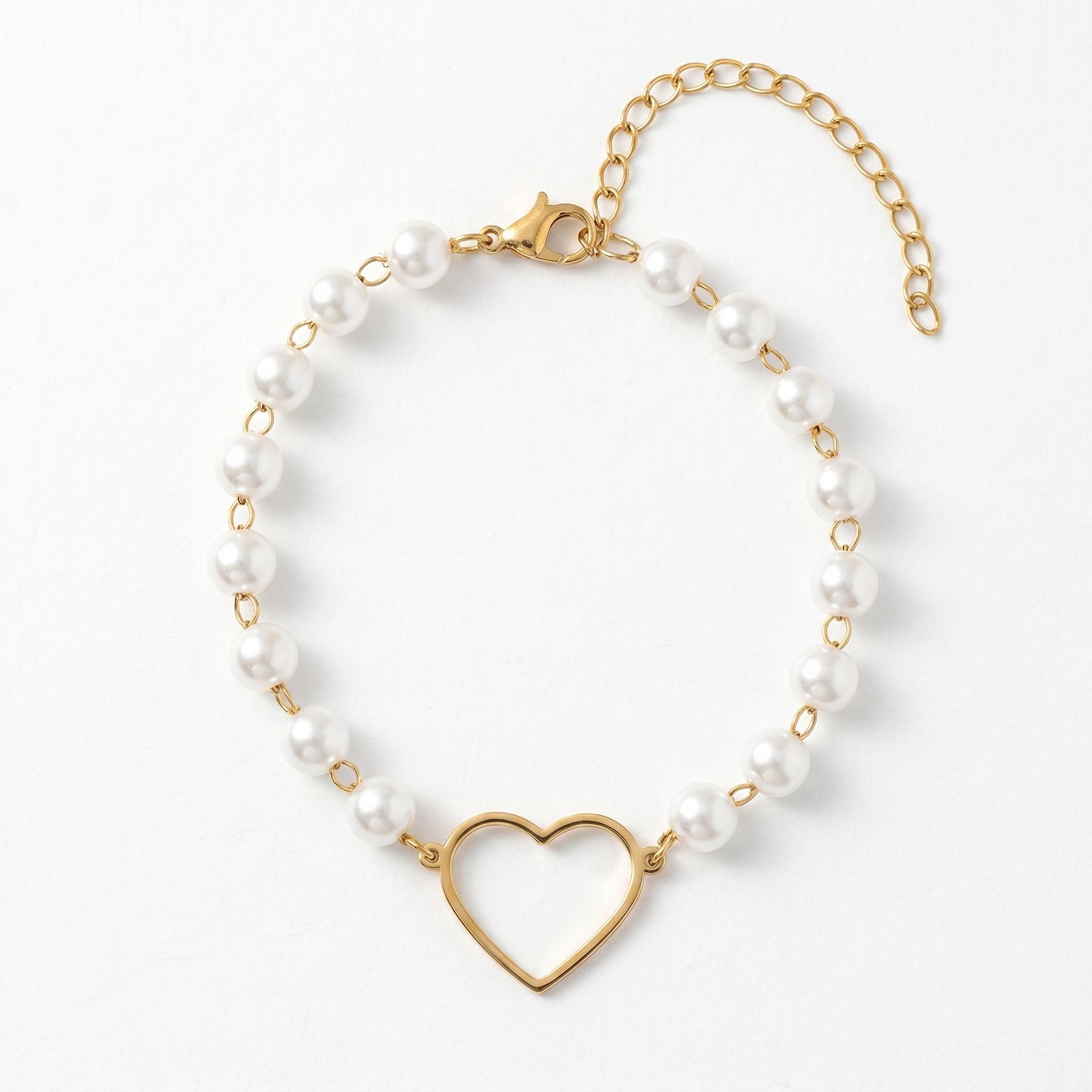 QIAOREN11950Trendy White Pearl Beaded Heart Bracelet Stainless Steel 18K Gold Plated Hollow Open Heart Romantic Jewelry US EU золотой