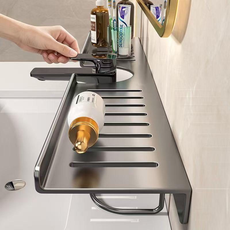 No Drill Carbon Steel Sink Organizer, Wall Mounted Faucet Shelf With Drainage, Bathroom Vanity Countertop Storage Rack For So